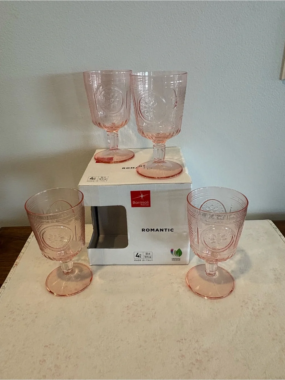 Bormioli Rocco Romantic Stemware Drinking Glass 4 Set 10.75 oz Pink NIB Unused